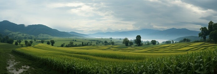 Rainy seasons charm: panoramic view of lush corn fields, natures beauty