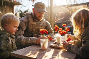 A military man father and his children sit on a sunny day in a street cafe. Decorated with flowers with red poppies in honor of Remembrance Day