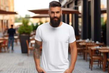 Fototapeta premium White blank t shirt mock up. Men in cafe