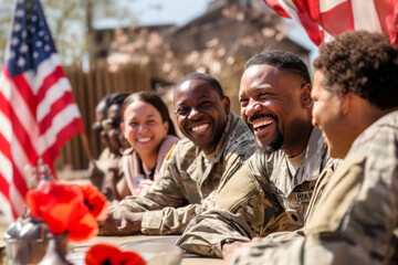 Group of happy african american military men, women, war veterans on a sunny day in a street cafe sharing memories and talking about service together. Flag on background. Remembrance, Independence Day - obrazy, fototapety, plakaty