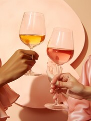 Two female hands clinking glasses with rose wine on beige background