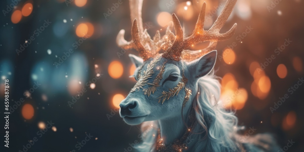 Poster a close up of a deer with horns on it's head. generative ai image.