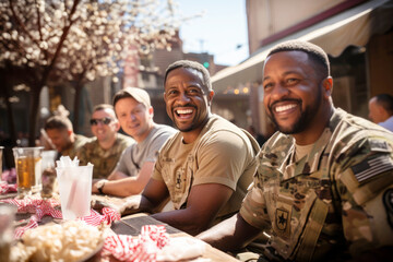 Group of happy african american military men, smiles soldier war veterans on a sunny day in a street cafe sharing memories and talking about service together. Celebrating Remembrance, Independence Day - Powered by Adobe