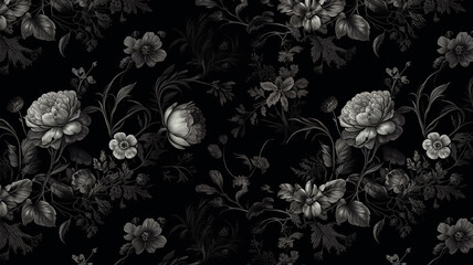 black flowers ornament on dark background gothic style