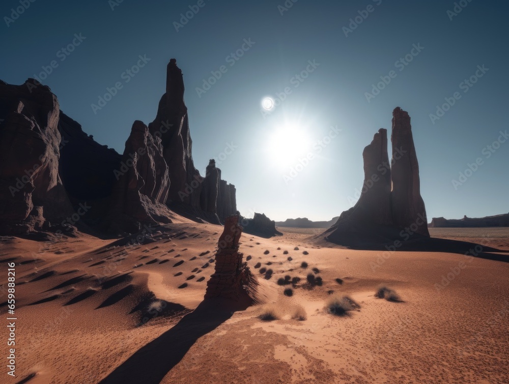Poster a desert scene with rocks and sand in the foreground. generative ai image.