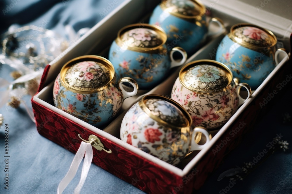 Aufkleber a box of teapots sitting on top of a table. generative ai image.