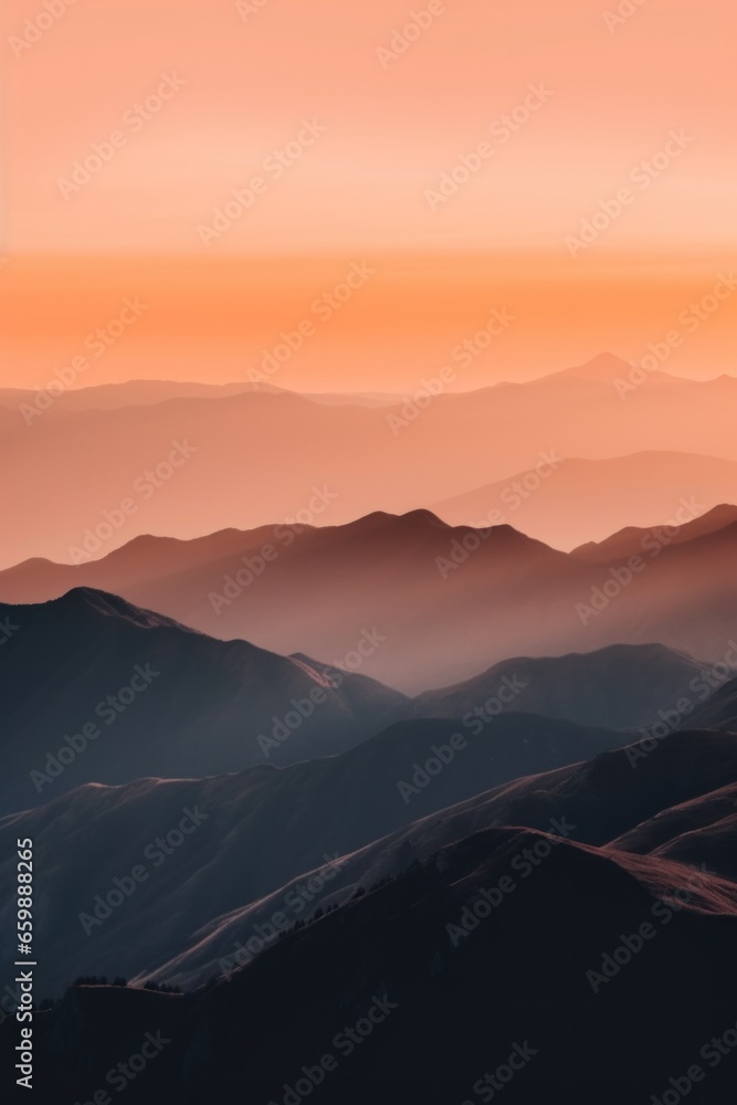 Poster a view of a mountain range at sunset. generative ai image.