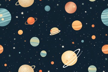 Seamless pattern with cartoon planets and stars.