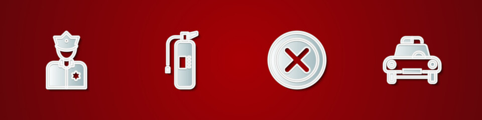 Obraz premium Set Police officer, Fire extinguisher, X Mark, Cross circle and car and flasher icon. Vector
