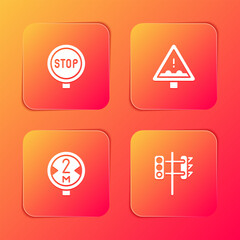 Set Stop sign, Uneven road ahead, Road traffic and Traffic light icon. Vector