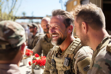 Group of happy military men, smiles soldier war veterans on a sunny day in a street cafe sharing memories and talking about service together. Lifestyles and friendship. Celebrating Remembrance Day