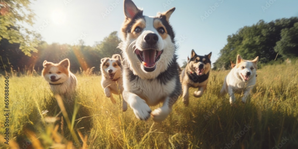 Poster a group of dogs running through a field. generative ai image.