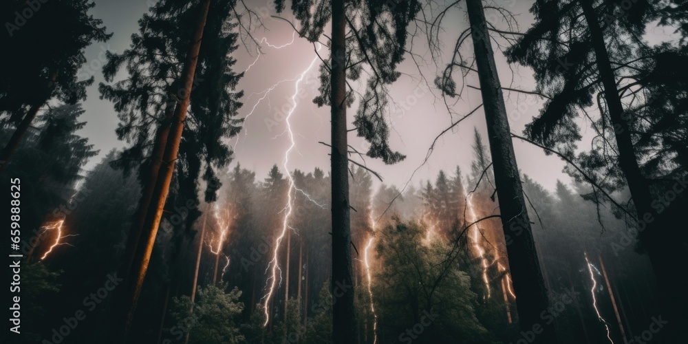 Poster a dark forest with a lightning bolt in the sky. generative ai image.