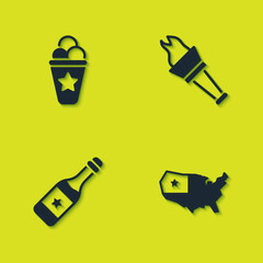 Set Ice cream in waffle cone, USA map, Champagne bottle and Torch flame icon. Vector