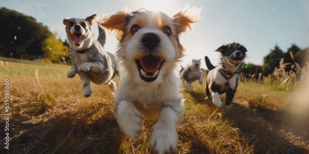Poster a group of dogs running across a field. generative ai image.