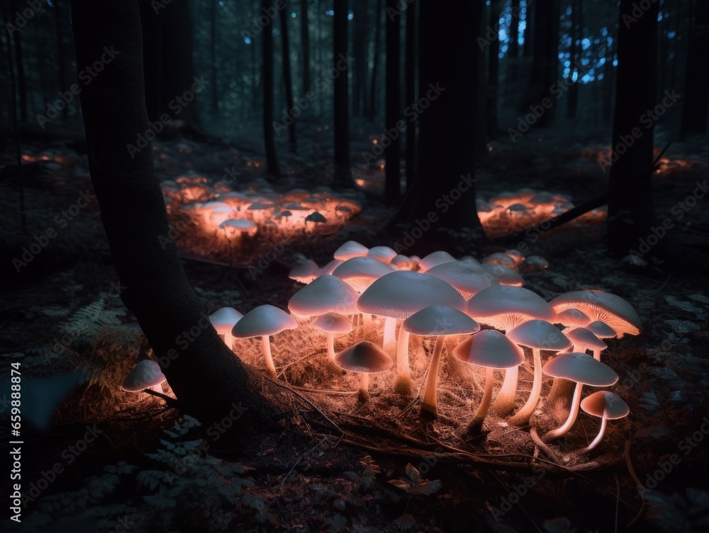 Poster a group of mushrooms that are sitting in the grass. generative ai image.