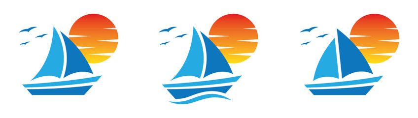 Sailboat on the sea icon. Sailboat and sunset icon, vector illustration