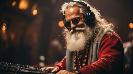Cheerful DJ Santa Claus in a stylish Christmas outfit.