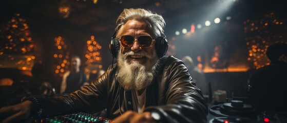 Cheerful DJ Santa Claus in a stylish Christmas outfit.
