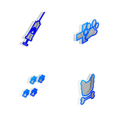 Set Isometric line Veterinary clinic, Syringe with pet vaccine, Paw print and Dog and bone icon. Vector