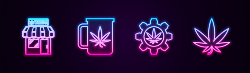 Set line Marijuana and cannabis store, Cup tea with marijuana, Test tube and leaf. Glowing neon icon. Vector