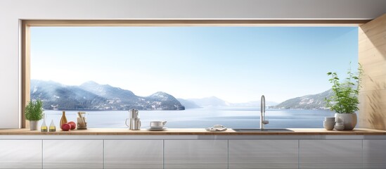 Contemporary kitchen with wood accents large window overlooking water ing