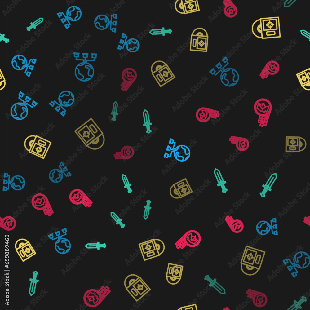 Poster set line computer network, sword for game, cd dvd disk in box and coin on seamless pattern. vector