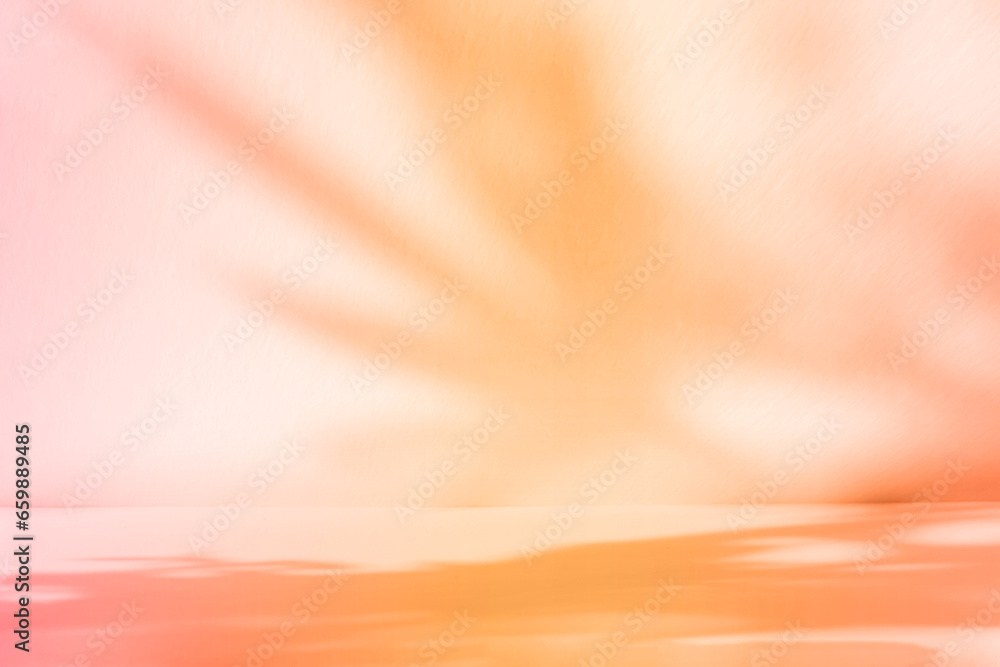 Poster Abstract pastel color gradient studio background for product presentation. Empty room with shadows of window and flowers and palm leaves . 3d room with copy space. Summer concert. Blurred backdrop.