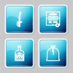 Set line Pirate sword, Decree, parchment, scroll, Alcohol drink Rum bottle and sack icon. Vector
