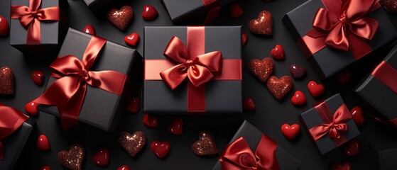 Black gift boxes with red ribbon.