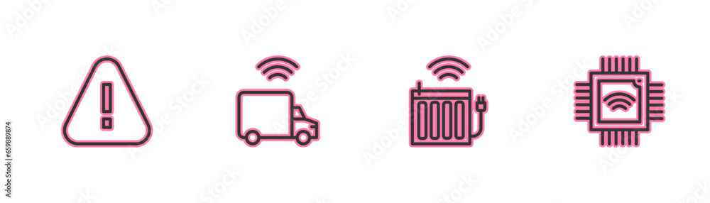 Poster set line exclamation mark in triangle, smart heating radiator, truck and processor with microcircuit