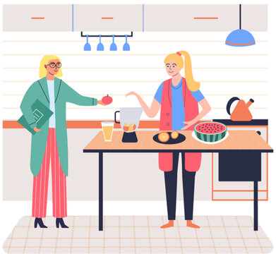 Female character cooking in kitchen talking to friend. People at home preparing food from organic ingredients. Lady giving culinary recipe for sister hobby of girl happy family spending time together