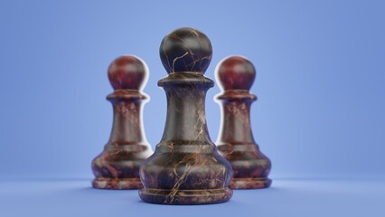 3d visualization three black marble pawns stand