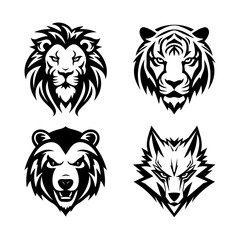 Set of vector minimalistic animal heads for logotypes, emblems, tattoos, isolated on white background. Lion, Tiger, Bear, Volf. Flat black and white illustration