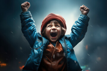 Photo of happy charming nice little boy winner raise fists smile. Lucky brunette kid. Cute smart young boy shows winning gesture. Very happy and excited kid boy doing winner gesture with arms raised - obrazy, fototapety, plakaty