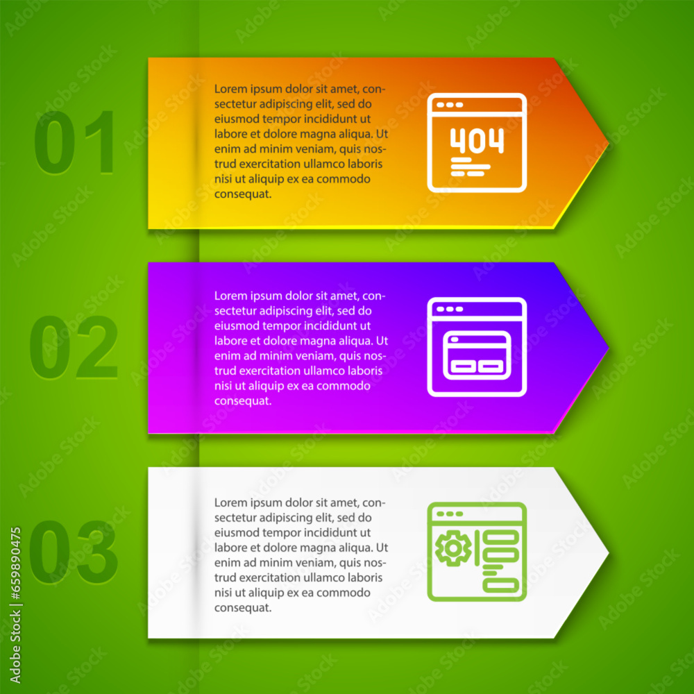 Poster set line page with a 404 error, search engine and browser setting. business infographic template. ve