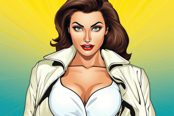 Retro comic illustration of a brunette woman with notable cleavage, confidently posing in a white jacket, rendered in pop art style.