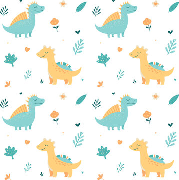 Pattern with cute dinosaurs in pastel colors and small plants. Cute childish seamless pattern in cartoon style. Flat colorful vector illustration. Freehand drawing