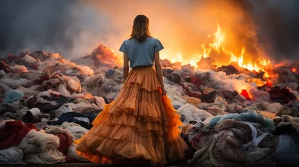 Foto op Plexiglas mountain of discarded clothes, textile waste, consumption problems and "fast fashion", Discarded things, pollution of the planet with synthetic products. © Marynkka_muis_ua