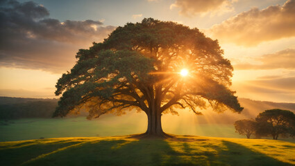 big tree,sunset in the field