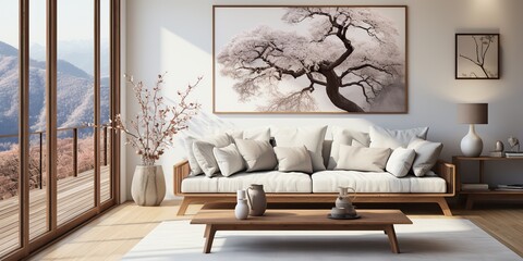 AI Generated. AI Generative.Hige luxury modern light livingroom with frame tree and soft cozy colors. Architecture indoor interior 