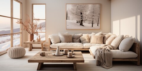 AI Generated. AI Generative.Hige luxury modern light livingroom with frame tree and soft cozy colors. Architecture indoor interior 