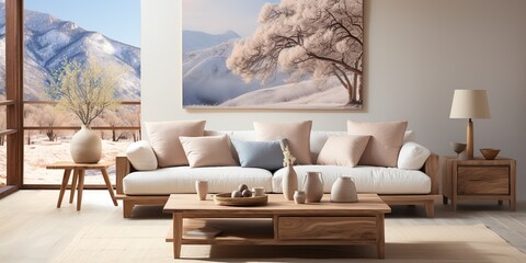 AI Generated. AI Generative.Hige luxury modern light livingroom with frame tree and soft cozy colors.  Graphic Art