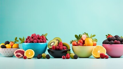  a group of bowls filled with different types of fruit on a table.  generative ai