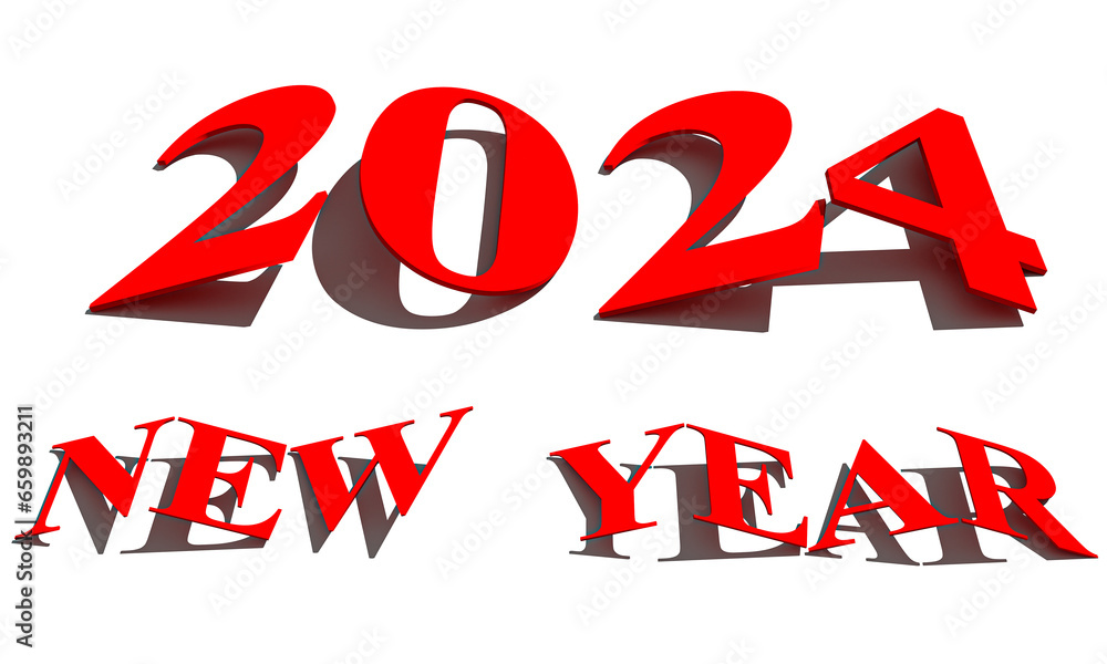 Poster new year concept. red slanted numbers 2024 isolated on white. 3d rendering