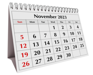 Page of the annual business desk monthly calendar isolated. Date - month November 2023. png transparent