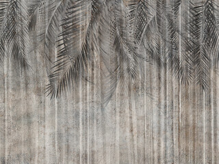 Palm leaves on the wall, tropical leaves. Illustration for wallpaper, card, poster, decoration with beige. Mural.