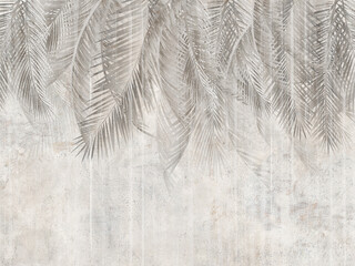 Palm leaves on the wall, tropical leaves. Illustration for wallpaper, card, poster, decoration. Mural.