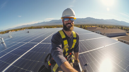Technician installing solar panels on a roof and   setting up photovoltaic solar panel system while taking a selfie - Sustainable energy and maintenance concept - Model by AI generative
 - obrazy, fototapety, plakaty