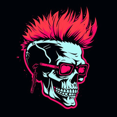 Skeleton skull with punk mohawk hair